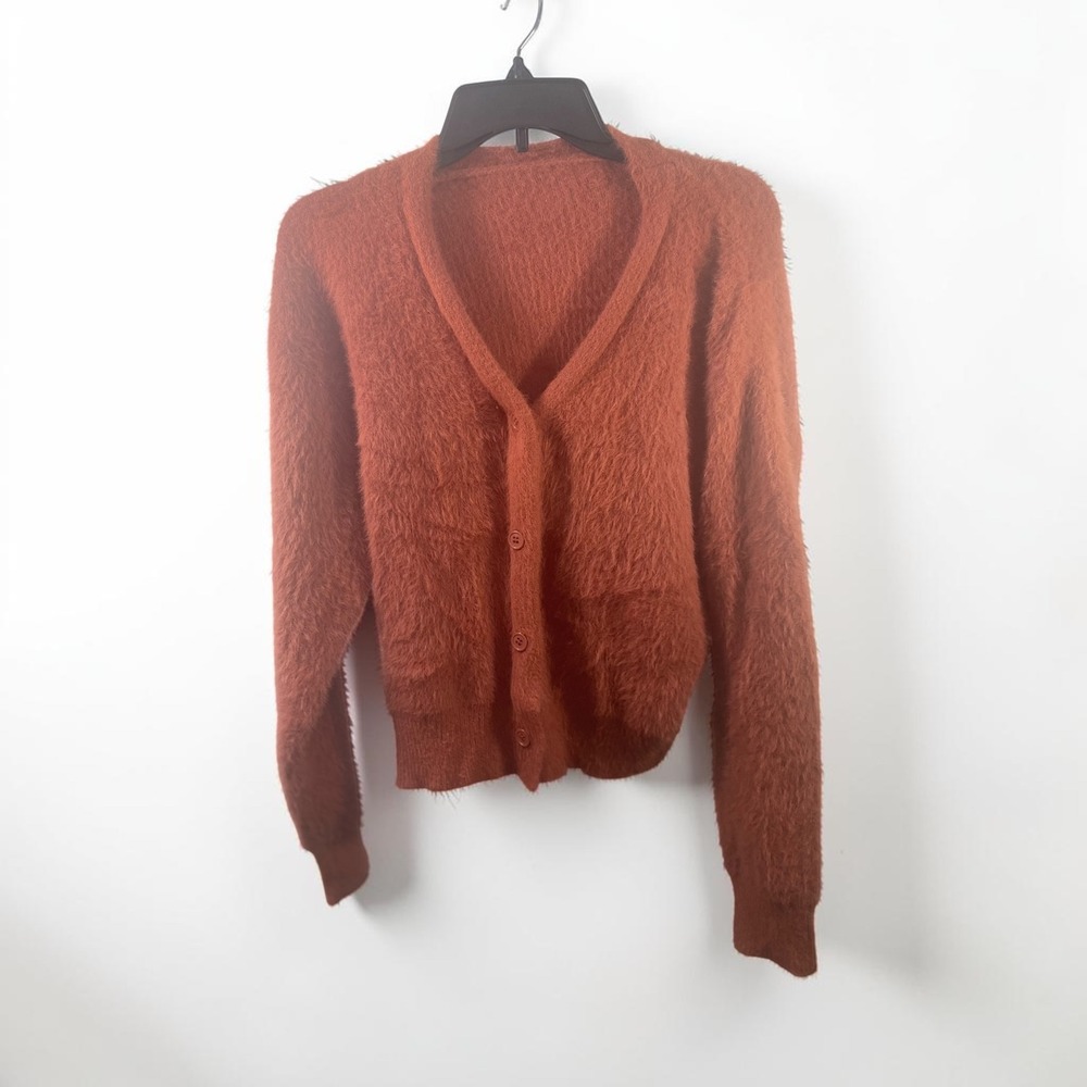 Shein Rust Orange Fuzzy Eyelash Knit Button Down Cardigan Sweater Size L